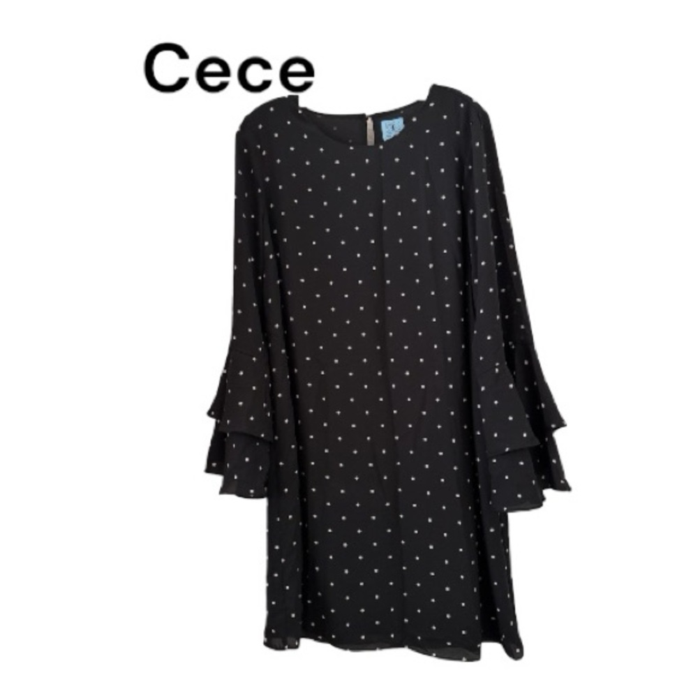 CeCe Black and White Polka Dot Bell Sleeve Dress sz10